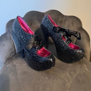 Bordello Black Glitter Heels